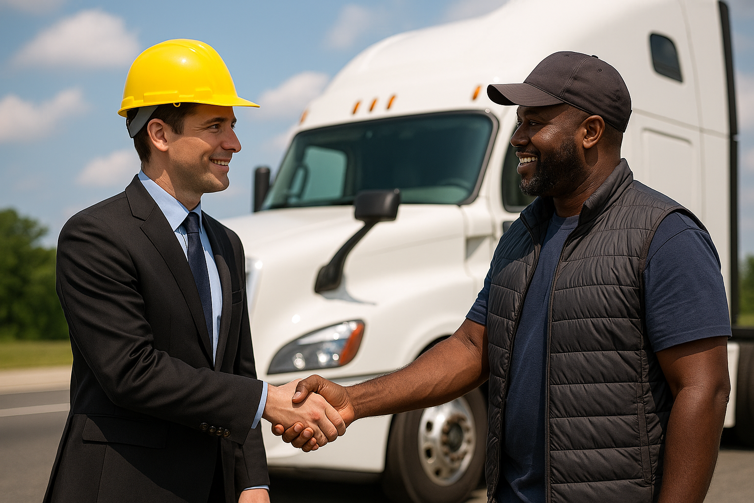 Logistics manager and driver shaking hands